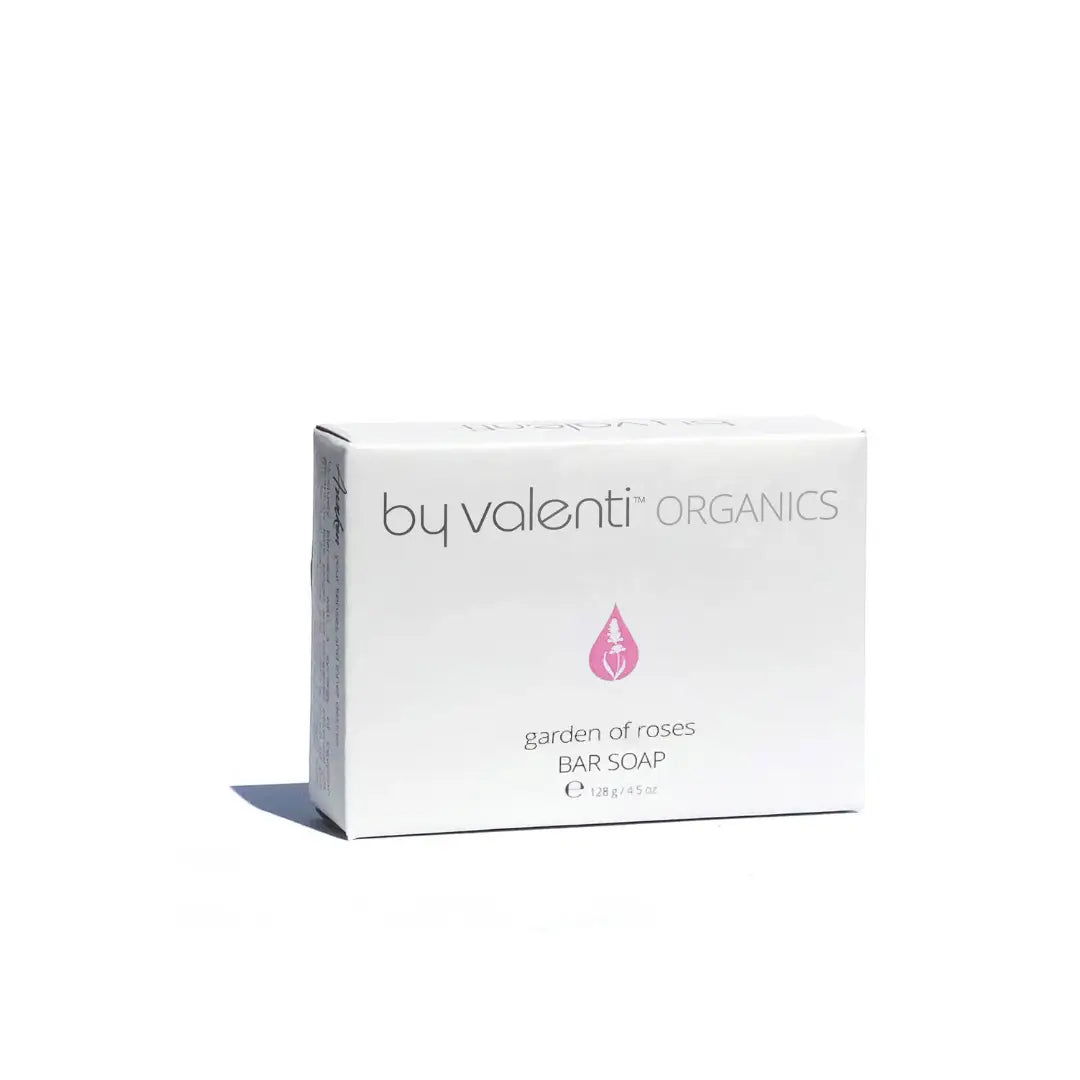 Box of By Valenti Organics garden of roses bar soap on a white background