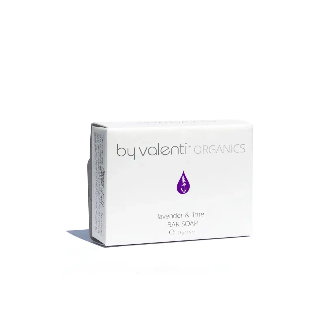 Box of by valenti Organics lavender & lime bar soap on a white background
