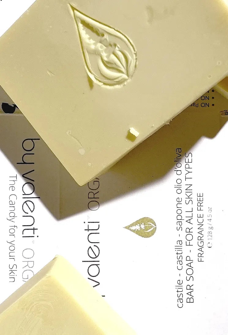 Close up of By Valenti Castile Bar Soap and packaging