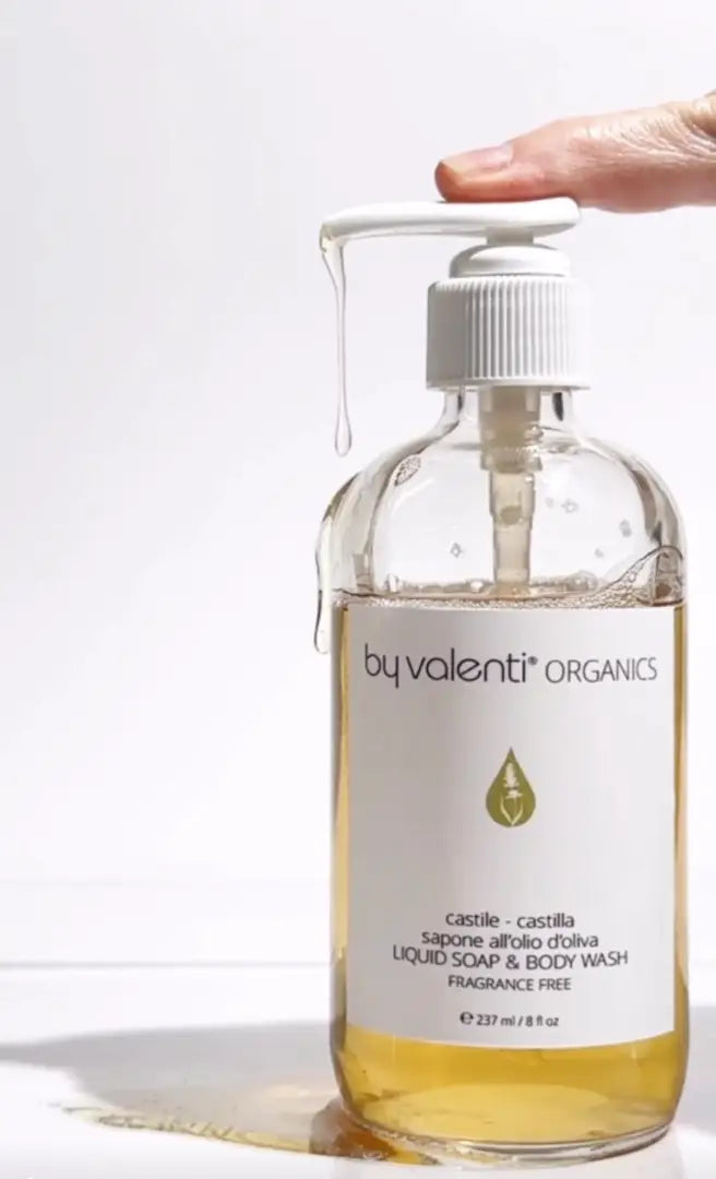 Bottle of by valenti Organics liquid castile soap and body wash on a white background