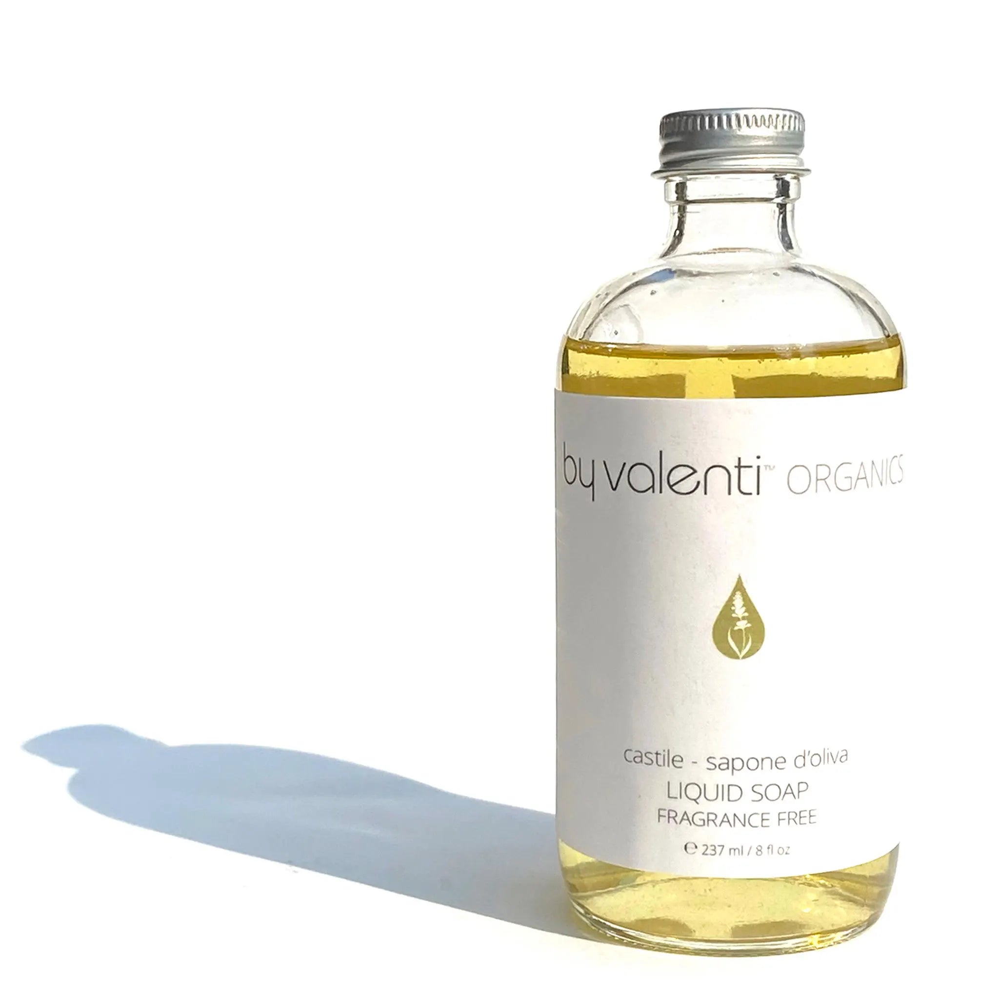 Glass bottle of BY VALENTI True Authentic Castile Hands Soap and Body Wash Natural Skincare Products